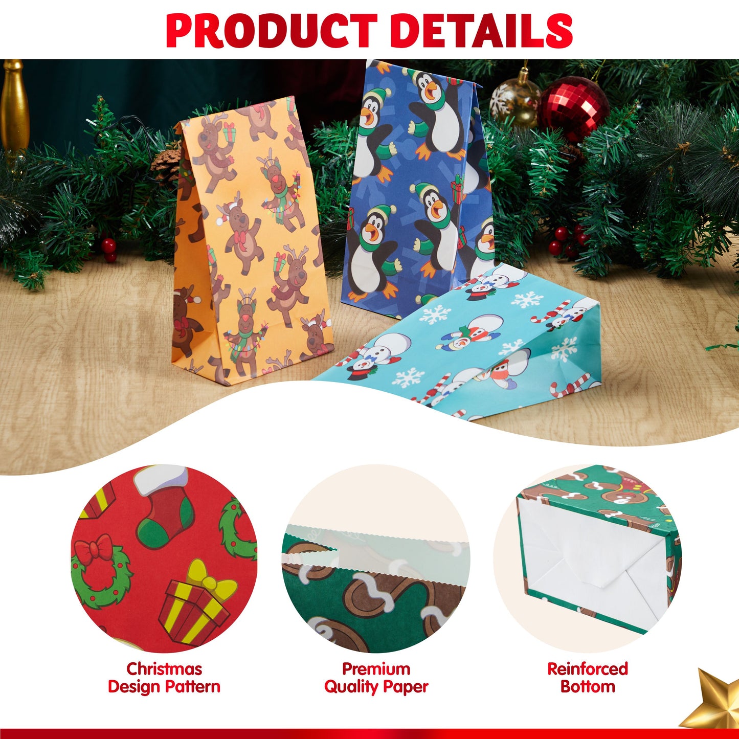 Joyfy 72 Pcs Christmas Holiday Gift Bags, 12 Assorted Christmas Designs Goodie Bags for Classrooms, Party Favors, Small Gift Bags, Kraft Bags and Christmas Craft Bags