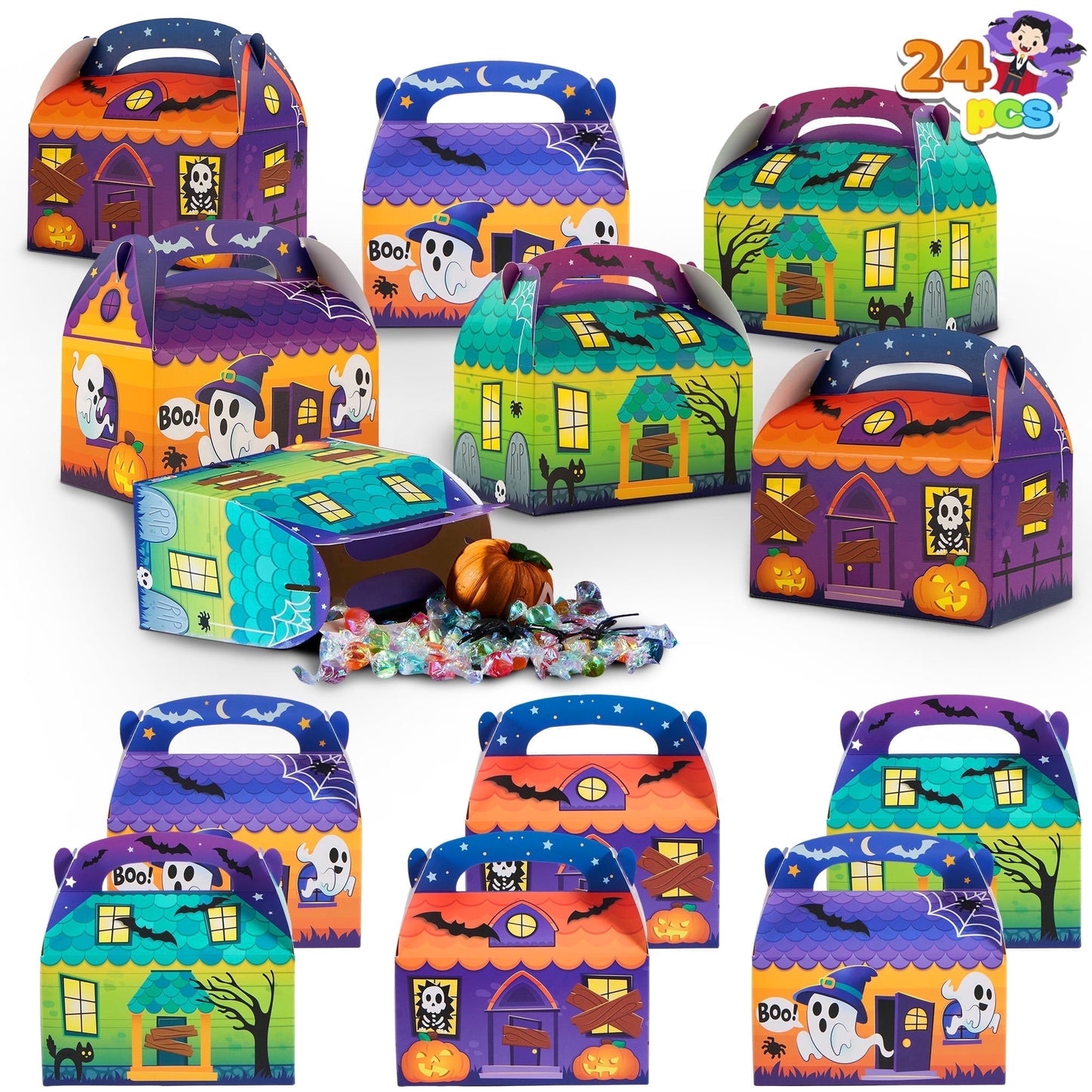 Joyfy 24 Pcs Halloween Treat Boxes,Cardboard Paper Boxes with Carry Handles,Goodie Bags (6x6x3.5) Trick or Treat for Kids, Halloween Party Favors for Kids