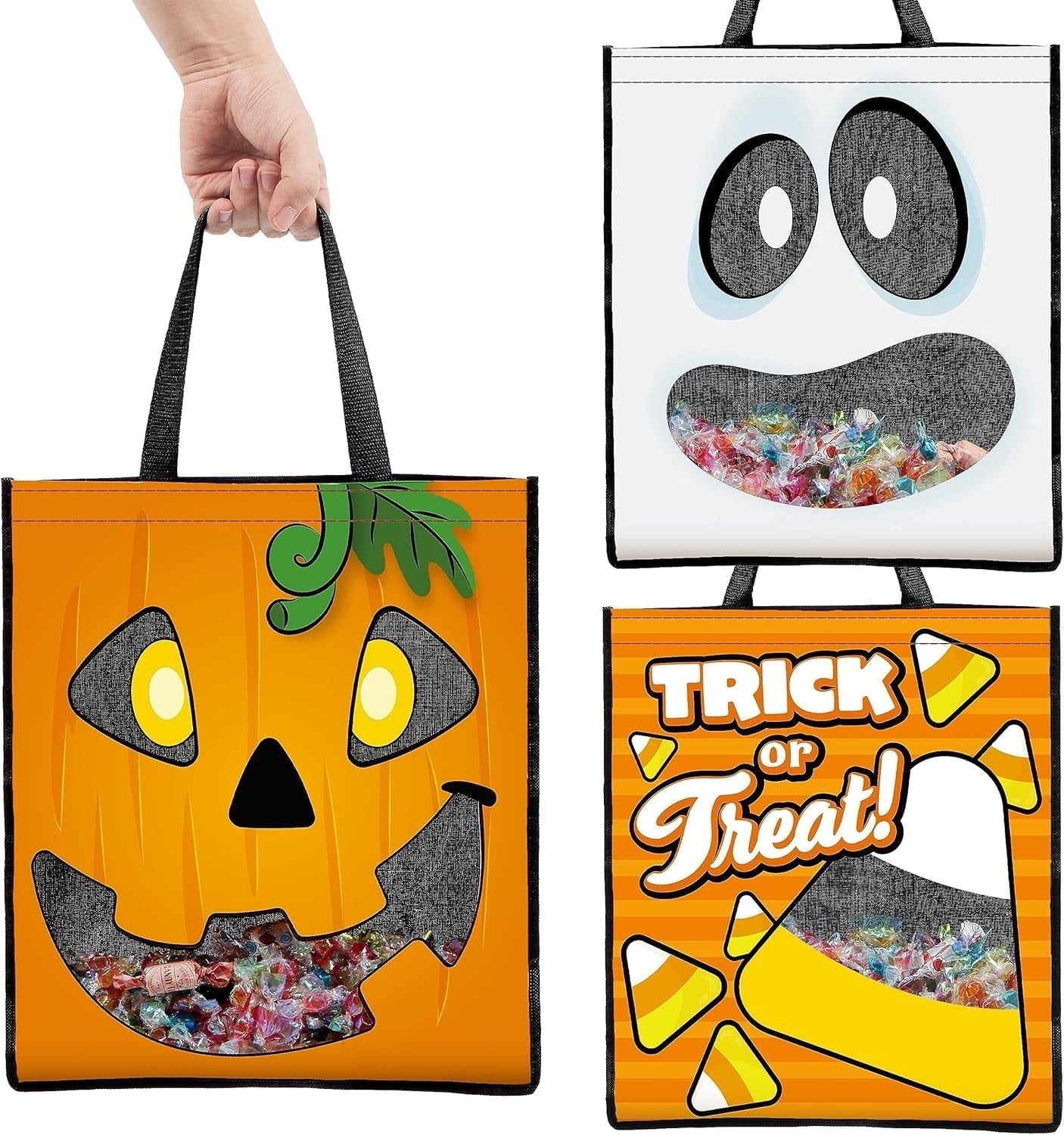 SYNCFUN 3 PCS Halloween Goodie Candy Bags Large, 22.5 x 13.4 Halloween Tote See-through Bags for Kids Trick or Treating, Grocery Shopping Gifts Tote with Handles, Classroom Party Favor Supplies