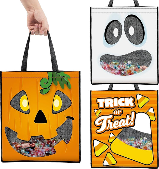 SYNCFUN 3 PCS Halloween Goodie Candy Bags Large, 22.5 x 13.4 Halloween Tote See-through Bags for Kids Trick or Treating, Grocery Shopping Gifts Tote with Handles, Classroom Party Favor Supplies