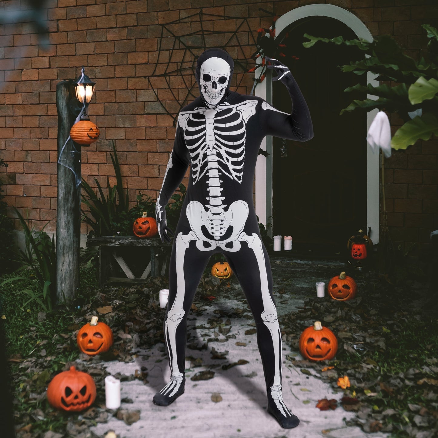Joyfy Skeleton Costume for Adults, Skeleton Bone Bodysuit Halloween Costumes for Men with Skeleton Hood Mask, Halloween Party Fancy Dress-up