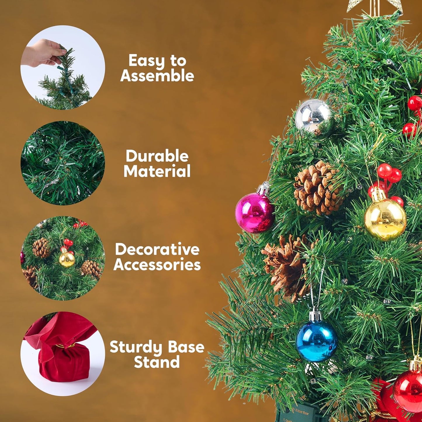 Joyfy 24 Inch Mini Christmas Tree with Lights,Prelit Artificial Christmas Tree with Decorations Holly Berries,Pine Cones,Light Up Christmas Ornaments Table Decor