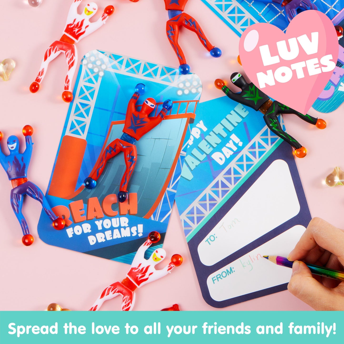28 Pack Valentine's Day Ninja Sticky Man with Cards, Classroom Exchange Gift for Kids, Classroom and Holiday Reward Prizes, Valentine’s Party Favors, Ninja Sticky Man Toys