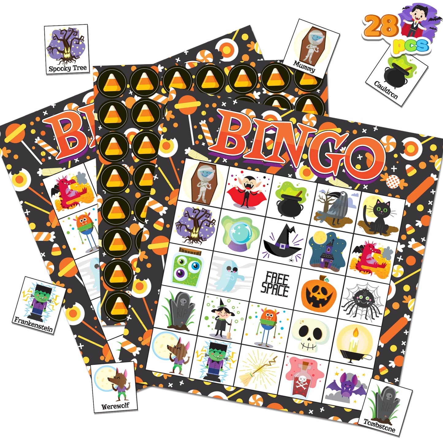 Syncfun 28 Pack Halloween Bingo Game Cards Games for Kids,Halloween Bingo Fun Party Games Classroom Games Activities Party Supplies
