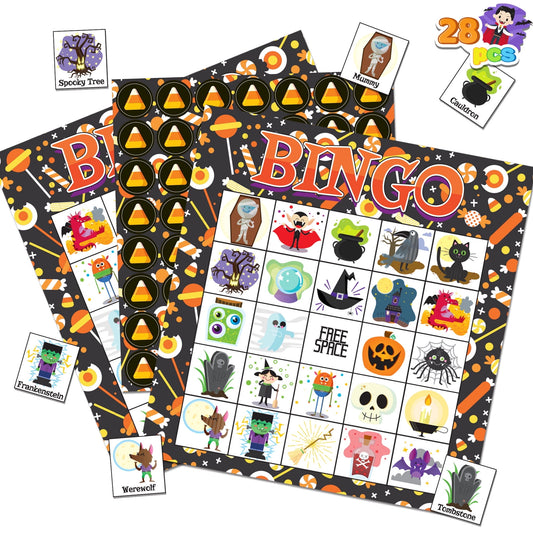 Syncfun 28 Pack Halloween Bingo Game Cards Games for Kids,Halloween Bingo Fun Party Games Classroom Games Activities Party Supplies