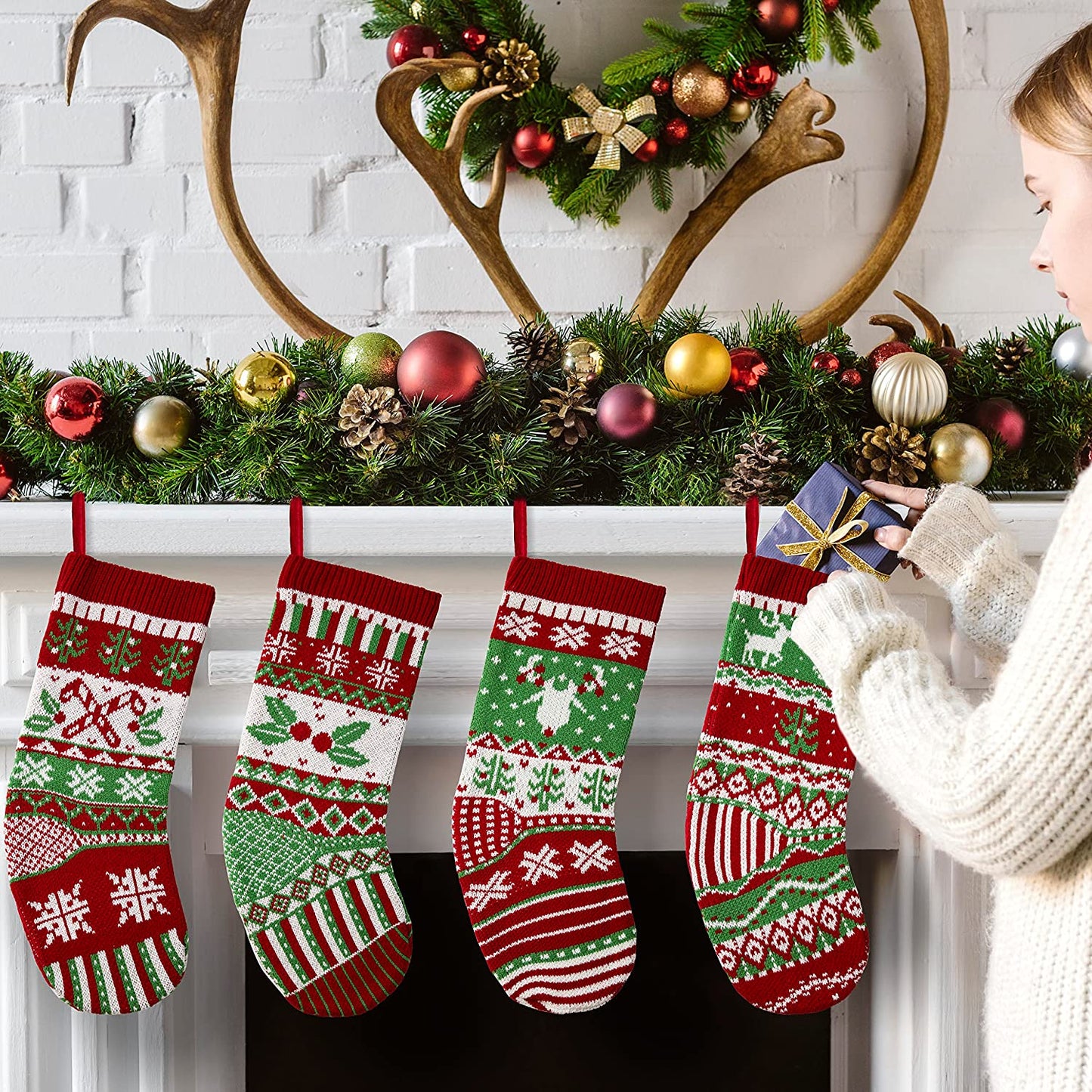 Joyfy 3 Pcs 18" Knit Christmas Stockings, Large Rustic Cable Knit Xmas Stocking in Red & Green for Family Holiday Season Decorations