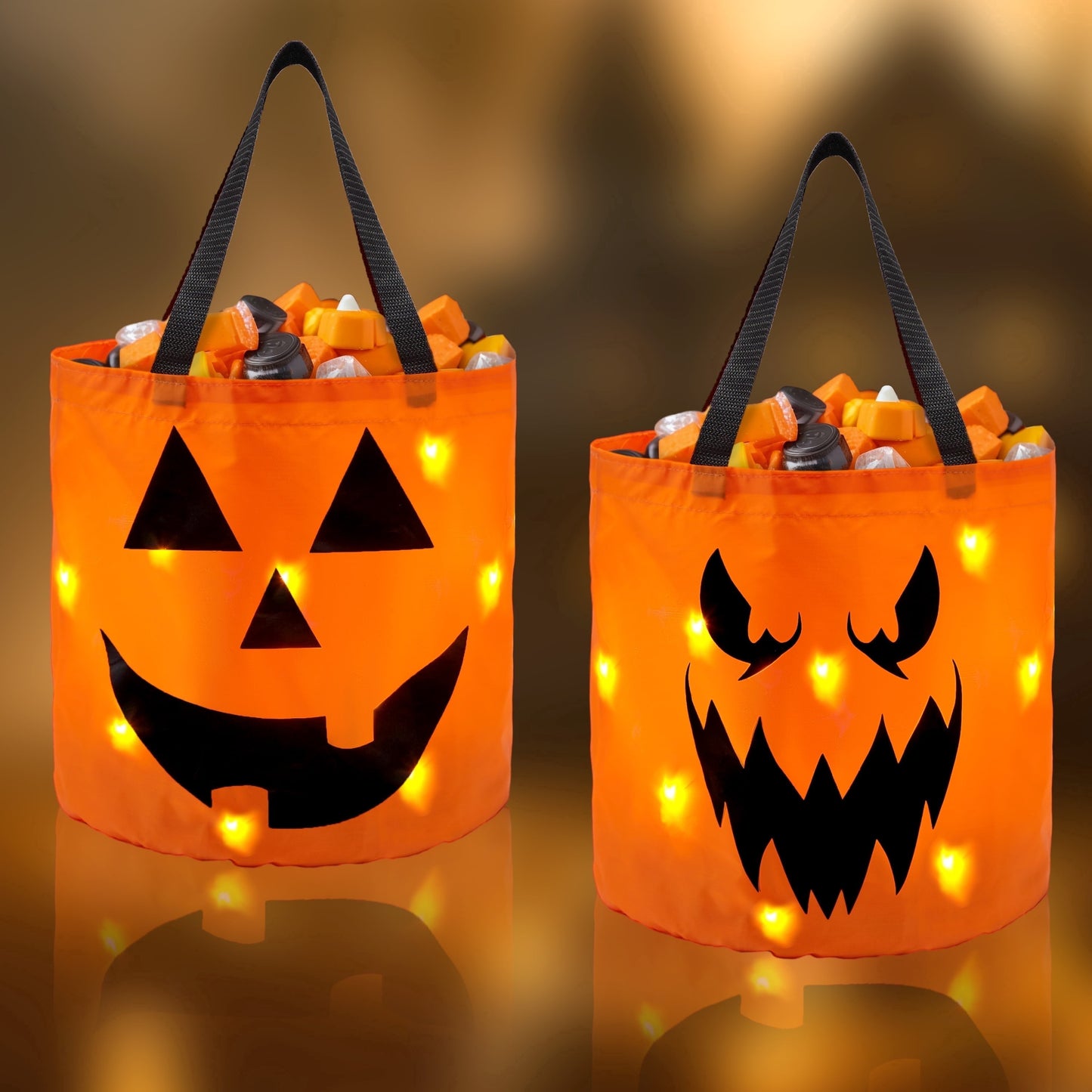 Joyfy 2 Pcs Halloween Candy Bag,LED Light Pumpkin Candy Buckets for Kids,Halloween Trick or Treat Bucket with Pumpkin Smile Face for Halloween Party Favors Goodie Bags