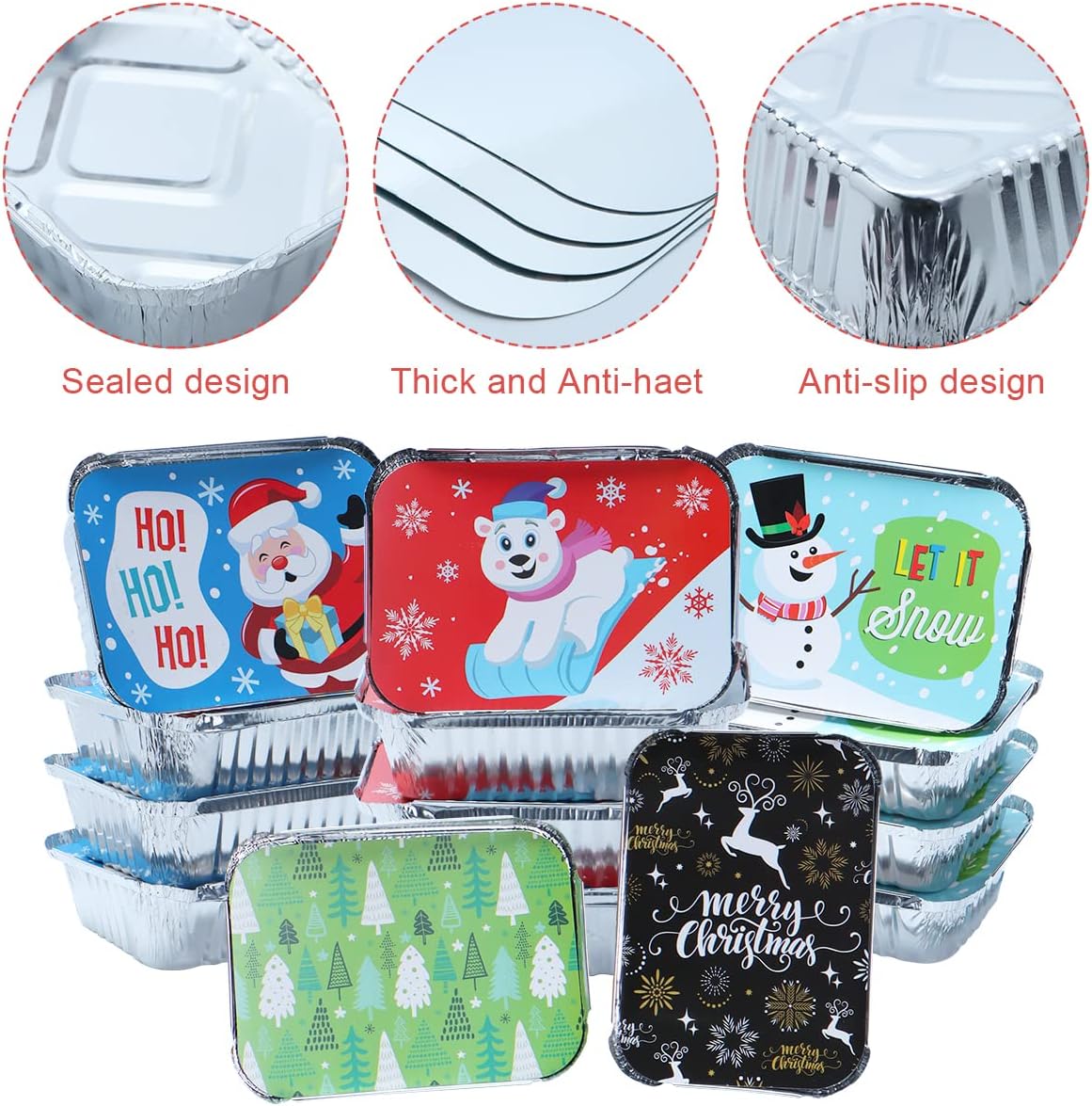 SYNCFUN 36 Pcs Christmas Foil Containers with Lids, 7"x5"x2" Rectangular Treat Foil Containers, Disposable Food Containers for Holiday Baking, Cooking, Heating, Storing, Prepping Food