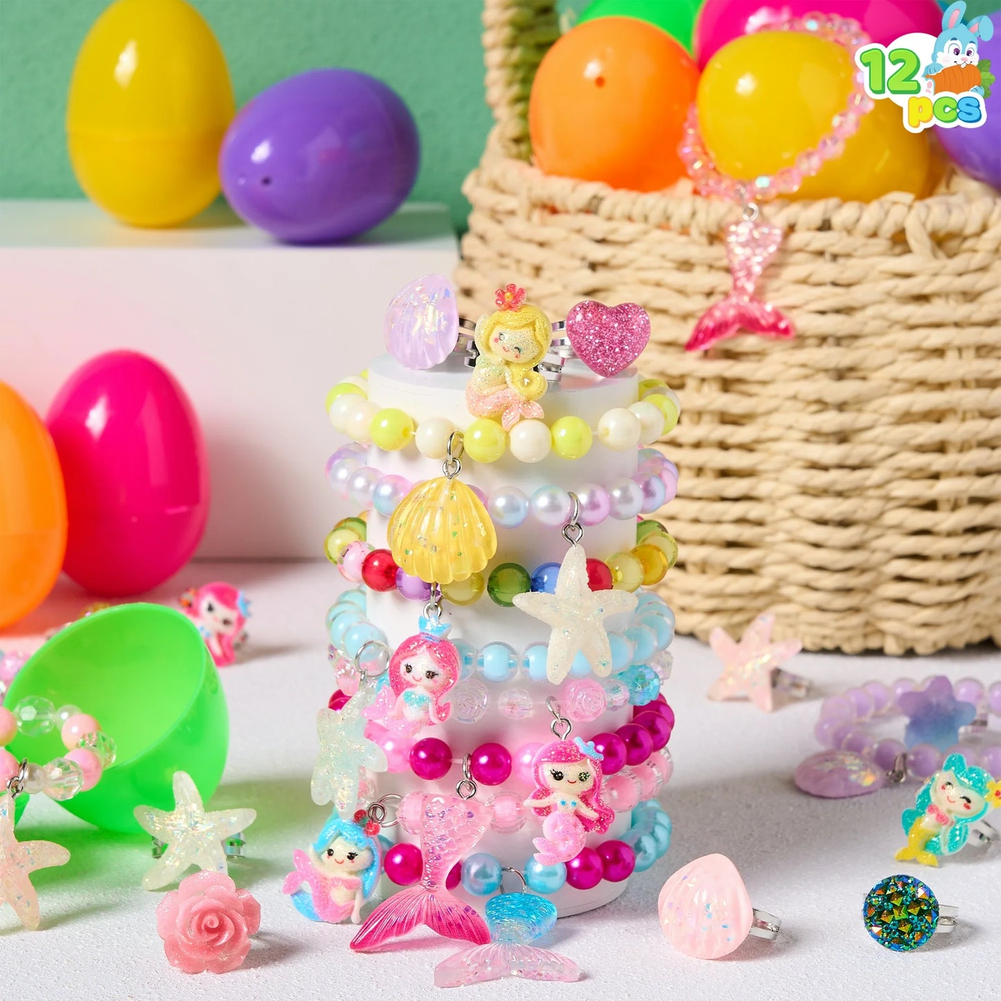 Joyfy 12 Pack Prefilled Easter Eggs with Toys,Easter Eggs Filled with Beads Bracelets and Rings Inside Girls Jewelry Set for Easter Basket Stuffers and Classroom Exchange Party Favors
