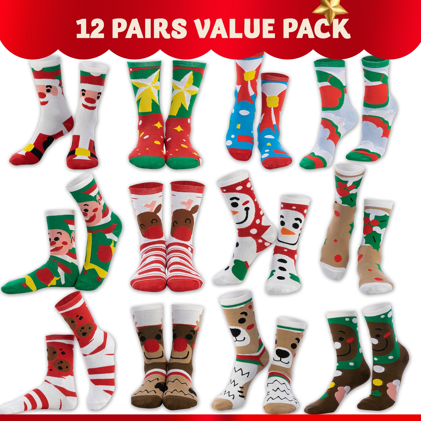 Joyfy 12 Pairs Christmas Socks for Women,Fuzzy Crazy Novelty Christmas Socks,Holiday Christmas Stocking Stuffers for Women,Christmas Gift