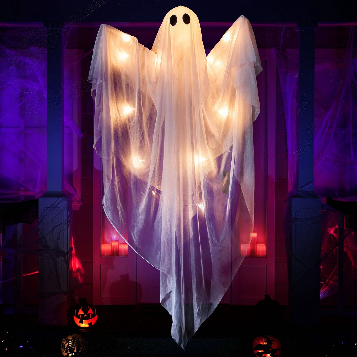Joyfy 47inch Halloween Decorations Outdoor Hanging Ghost,Light up White Ghosts with Spooky Warm White LED Light,Halloween Outdoor Yard Porch Decorations,Haunted House Decorations