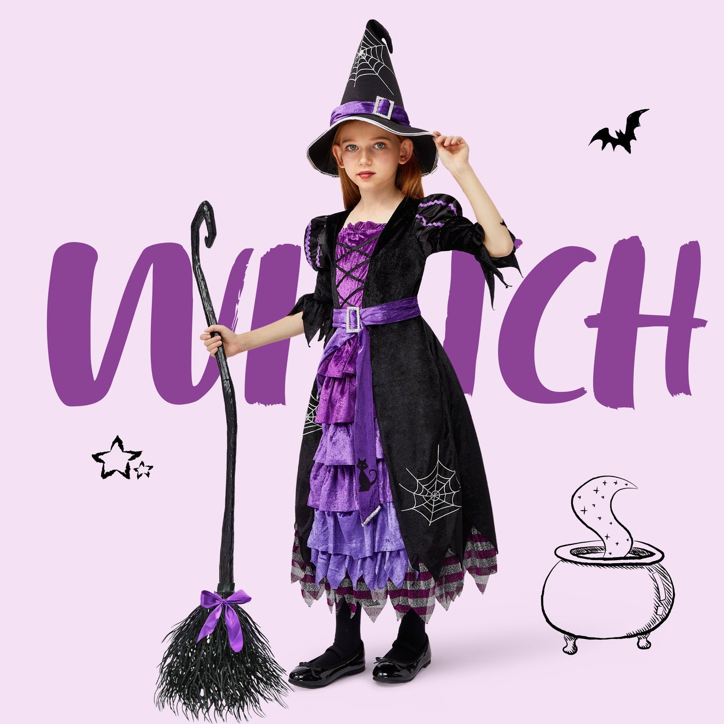 Joyfy Witch Costume Set for Girls, Halloween Fancy-Dress with Broom Hat for Toddler Kids Halloween Party Dress up 3-14 Years