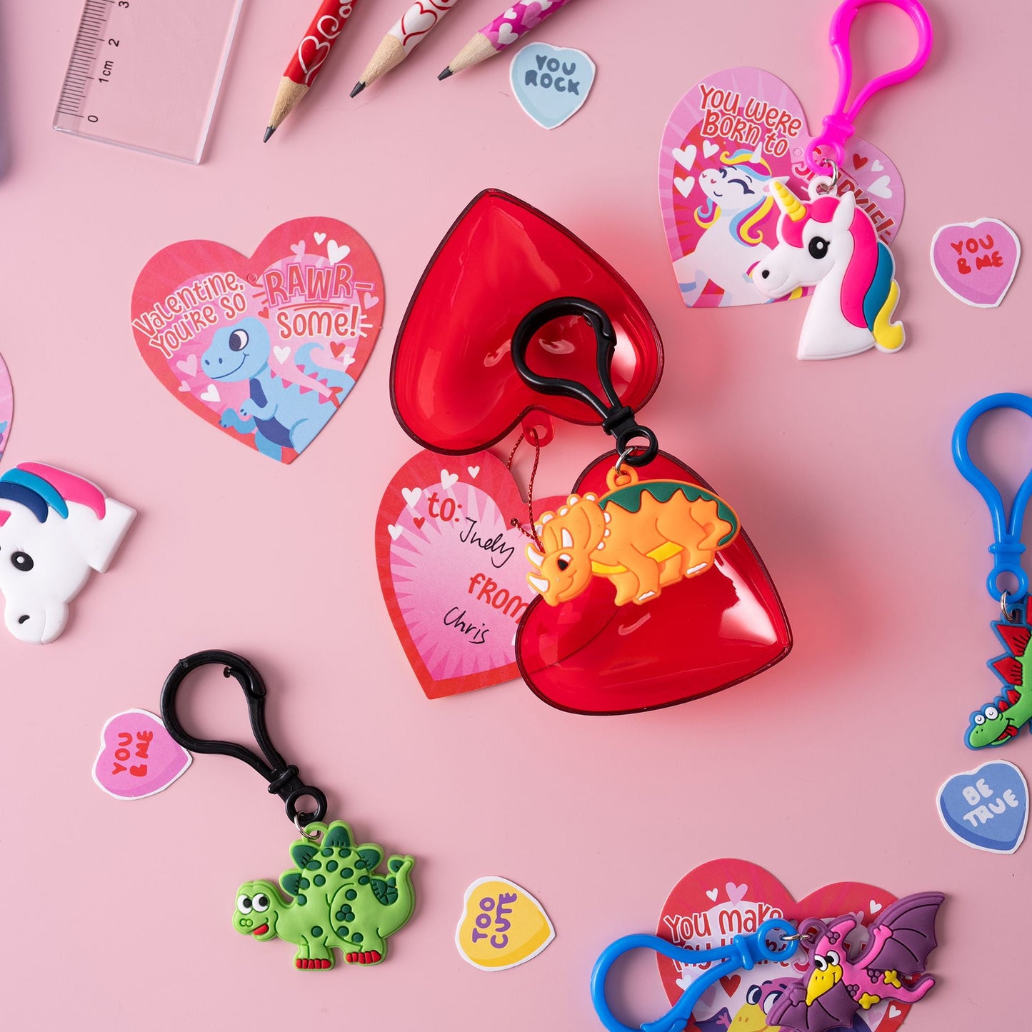 Pack of 28, Valentine's Day Unicorns and Dinosaurs with Heart Shells, Kids Party Favors