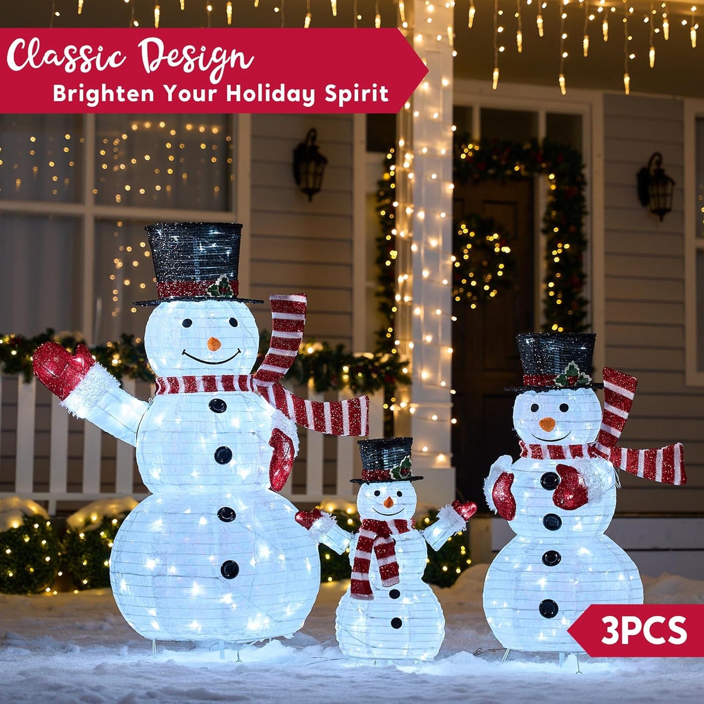 Joyfy 3 Pcs Collapsible Snowman Yard Light Christmas Outdoor Decorations,3D 270 Pre-Lit LED Snowman Christmas Decorations,Christmas Yard Light with Stakes Holiday Decor