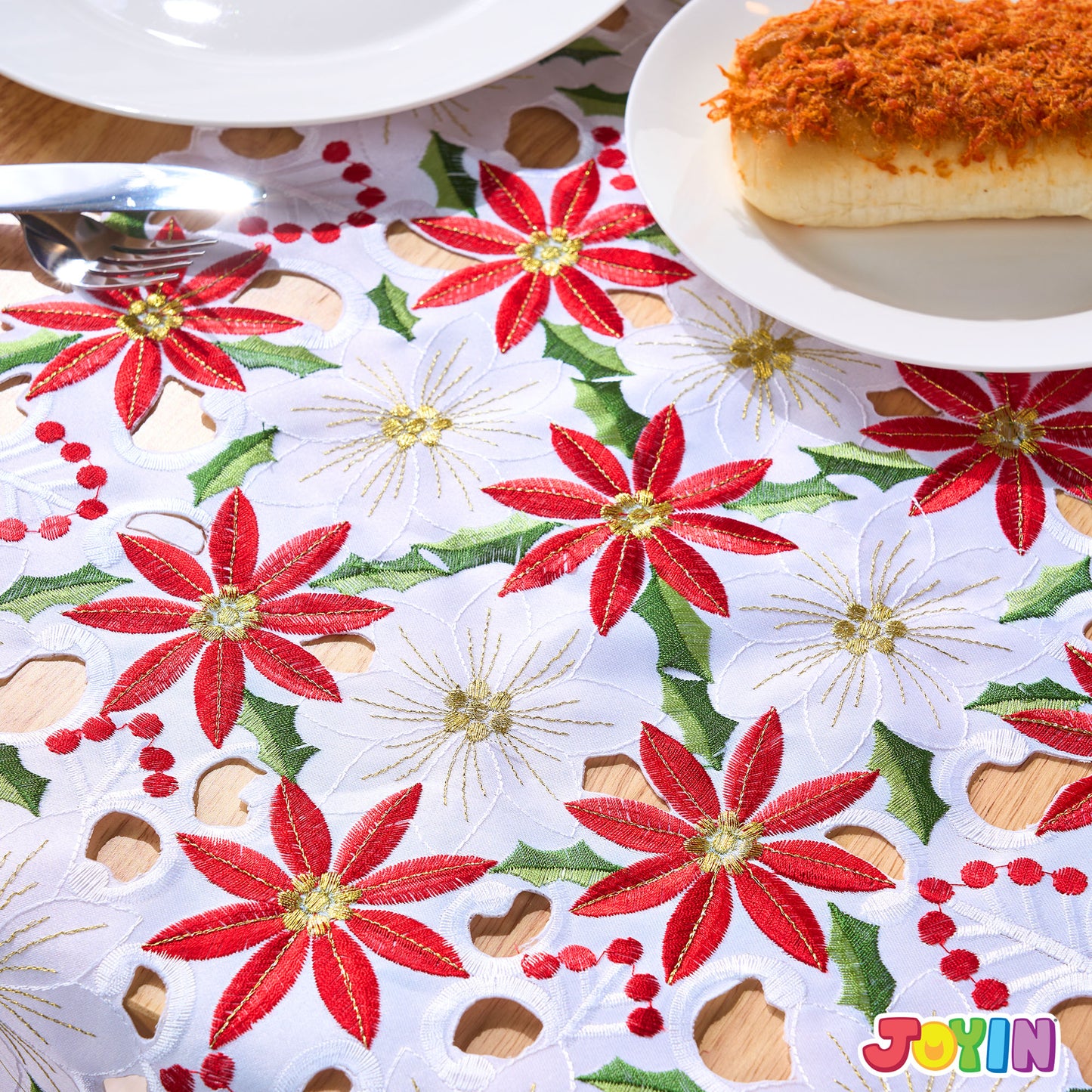 SYNCFUN Holly Leaf Embroidered Table Runner