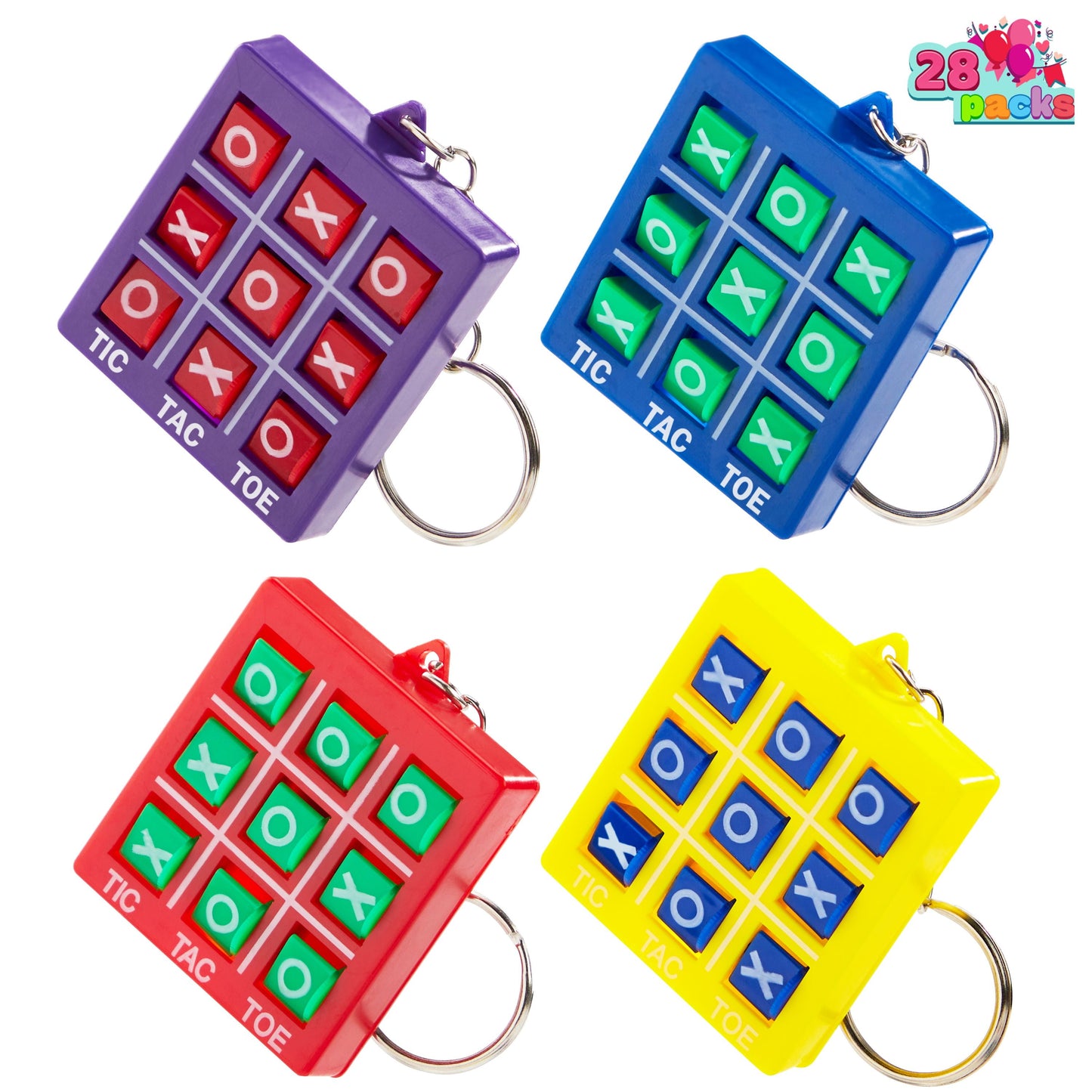 28 Packs Valentine's Day Cards with Tic-Tac-Toe Keychain, Valentines Days Keychain Set for Kids Party Favor, Classroom Exchange Prizes, Valentine’s Greeting Cards