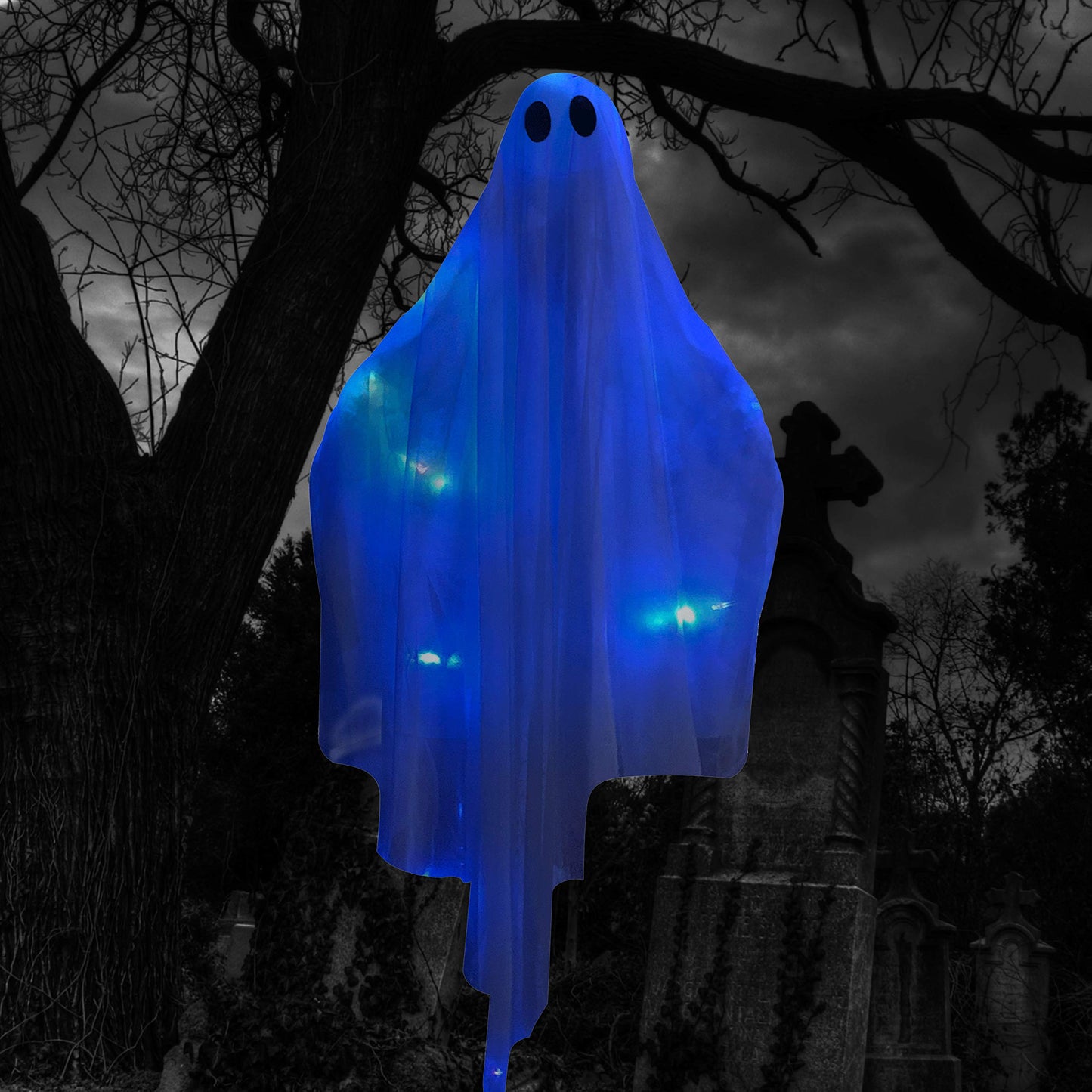Joyfy 47 Inch Hanging Ghosts Halloween Decor,Halloween Light up White Ghosts with Spooky Blue LED Light,Halloween Outdoor Yard Porch Decorations,Haunted House Decorations