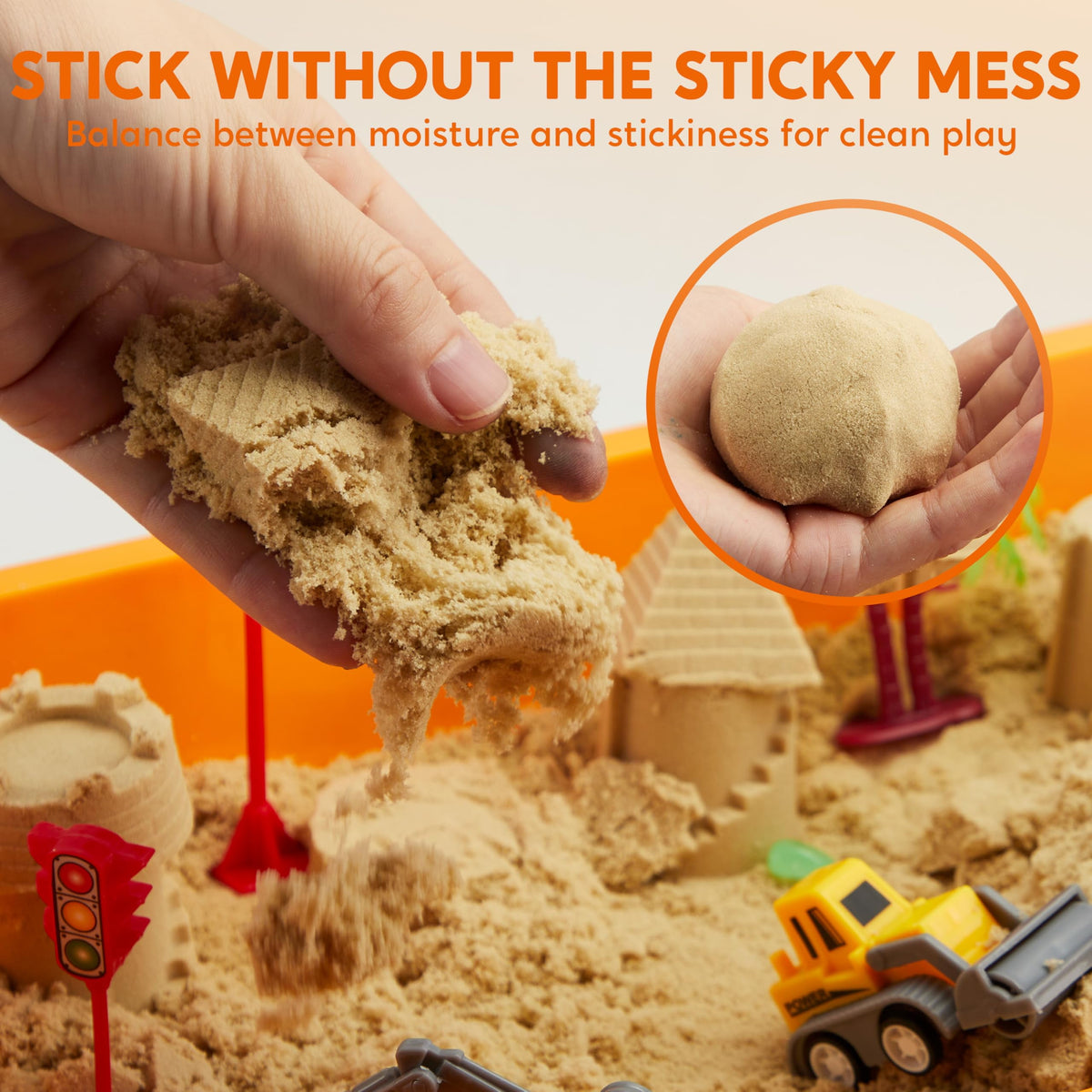 Moldable sensory sand being shaped by hand