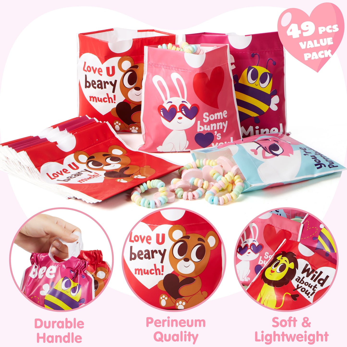 49 Pcs Valentines Day Bags with Drawstring for Kids,Valentines Gift Bags Candy Goody Bags for Kids Valentines Day Party Favor