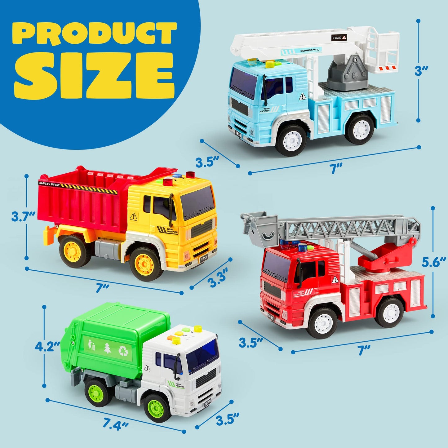 4 Pack Friction Powered City Vehicles Including Garbage Truck, Fire Engine Truck, Boom Lift Truck and Construction Dump Truck with Lights and Sounds