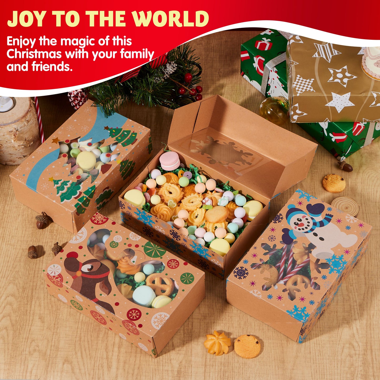 Joyfy 12 Pcs Foiled Christmas Cookie Boxes with Window 8.5" x 5.75" x 2.75", Treat Boxes for Pastries, Cupcakes, Brownies, Gift-Giving, Doughnut and Cookie, Brown Kraft Bakery Boxes