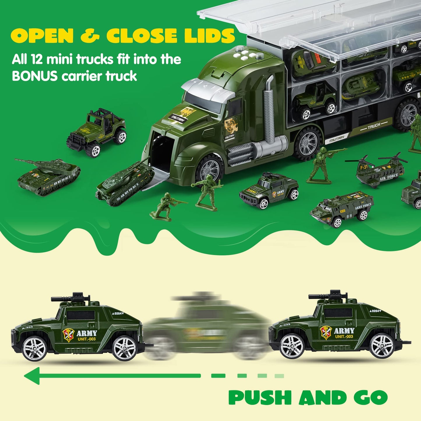 SYNCFUN 25 in 1 Die-cast Military Army Play Vehicle Set, Vehicles with Sounds and Lights in Carrier Truck, Push and Go Car Toy, Kids Birthday Gifts for 3 4 5 6 Years Old Boys
