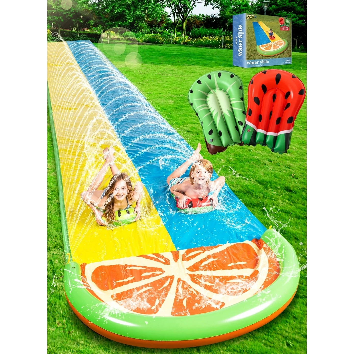 Joyfy 22.5ft Water Slides with 2 Boards, 2 Sliding Racing Lanes and Sprinklers, Backyard Outdoor Lawn Summer Toy, Fruit