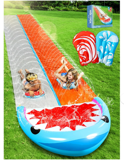 Joyfy Water Slides with 2 Inflatable Boards, 22.5ft Backyard Outdoor Lawn Slip Waterslide with Sprinklers Summer Toy, Shark
