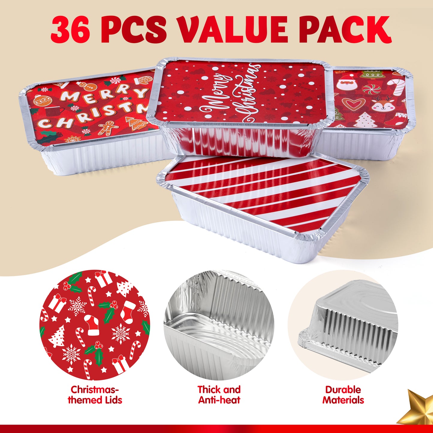 SYNCFUN 36 Pcs Christmas Foil Containers with Lids, 7"x5"x2" Rectangular Treat Foil Containers, Disposable Food Containers for Holiday Baking, Cooking, Heating, Storing, Prepping Food