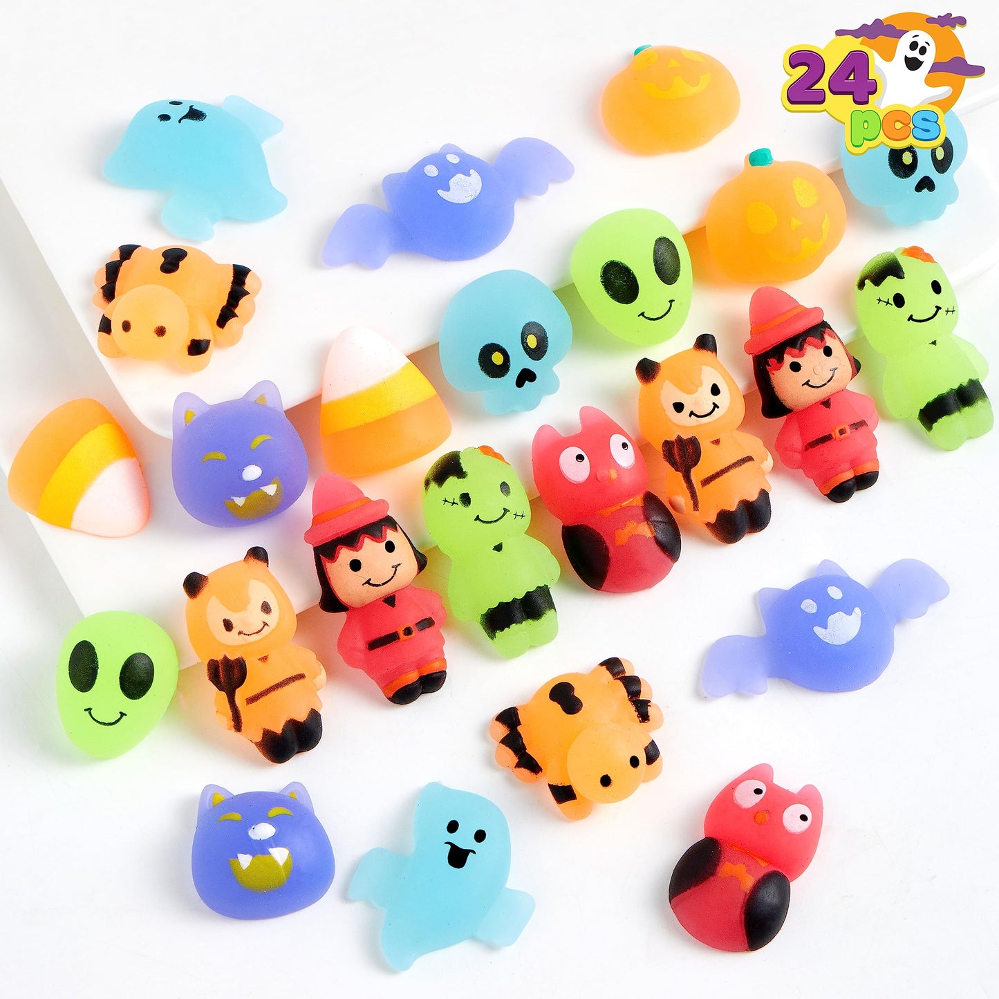 Joyfy 24 Pcs Halloween Mochi Squishy Toys,Glow in The Dark Squishy Toys for Kids,Halloween Classroom Favors Prizes Party Favors,Claw Machine Filler for Kids,Stress Relief Toys
