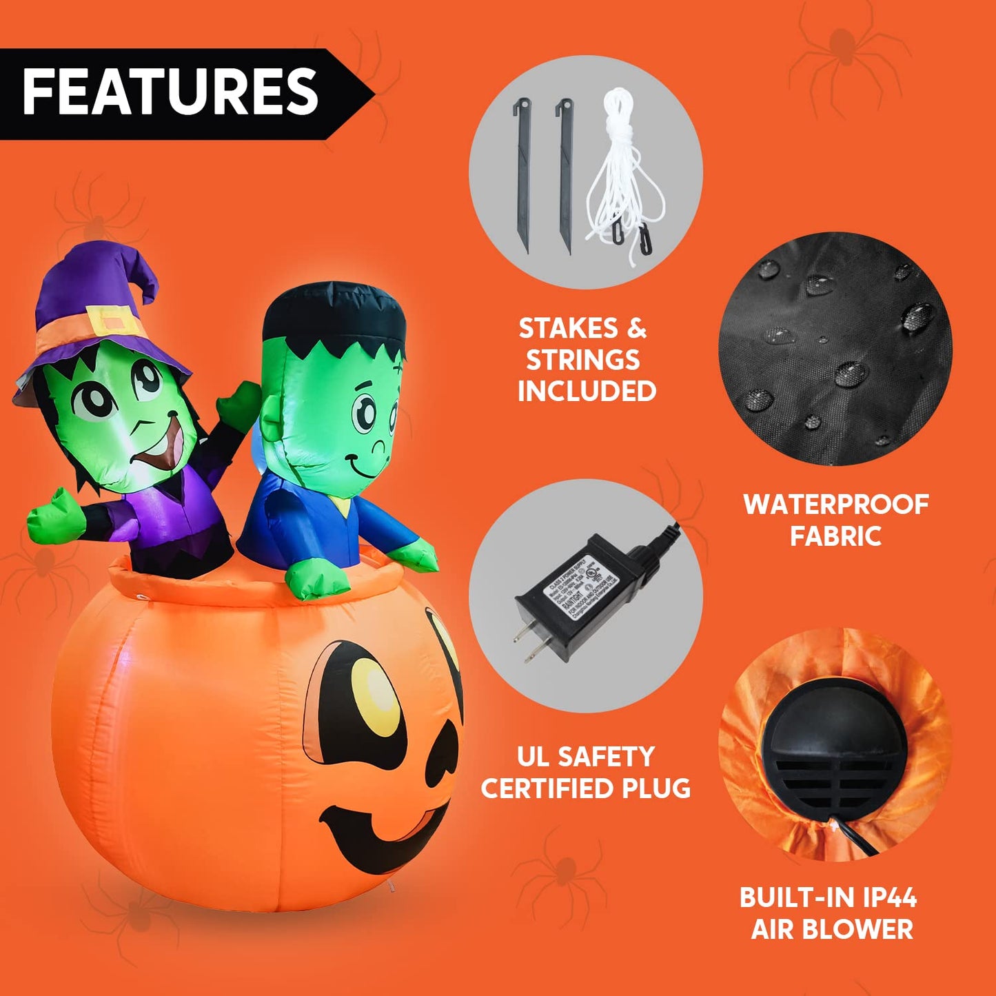 Syncfun 5 FT Halloween Inflatable Characters on Pumpkin Inflatable with Build-in LEDs Blow Up Halloween Outdoor Decorations Yard Inflatables Decoration