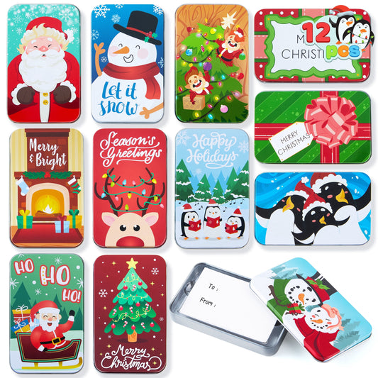 Joyfy 12 Pcs Gift Card Holder Boxes for Christmas, 12 Designs Tins Money Cash Holders for Xmas Holiday Birthday Present Decor, Party Favors Silver Coin Boxes with Lids