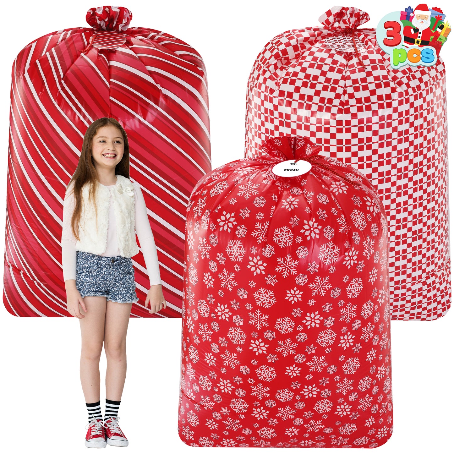 Joyfy 3 Pcs Jumbo Christmas Gift Bags, 56”x36” Red Xmas Large Plastic Gift Bags with Tags for Santa Parties Supplies, Gift Wrapping