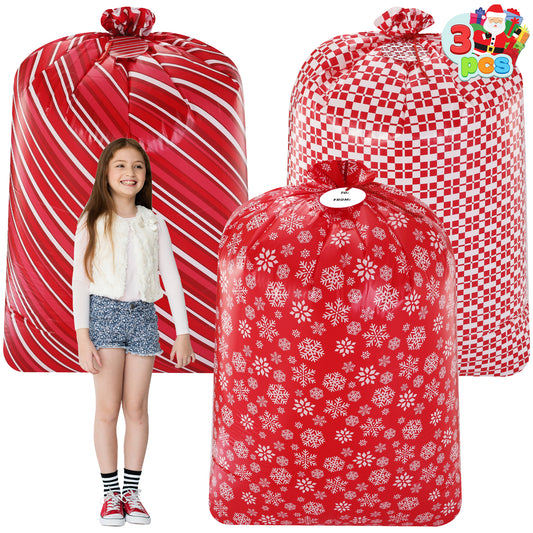 Joyfy 3 Pcs Jumbo Christmas Gift Bags, 56”x36” Red Xmas Large Plastic Gift Bags with Tags for Santa Parties Supplies, Gift Wrapping