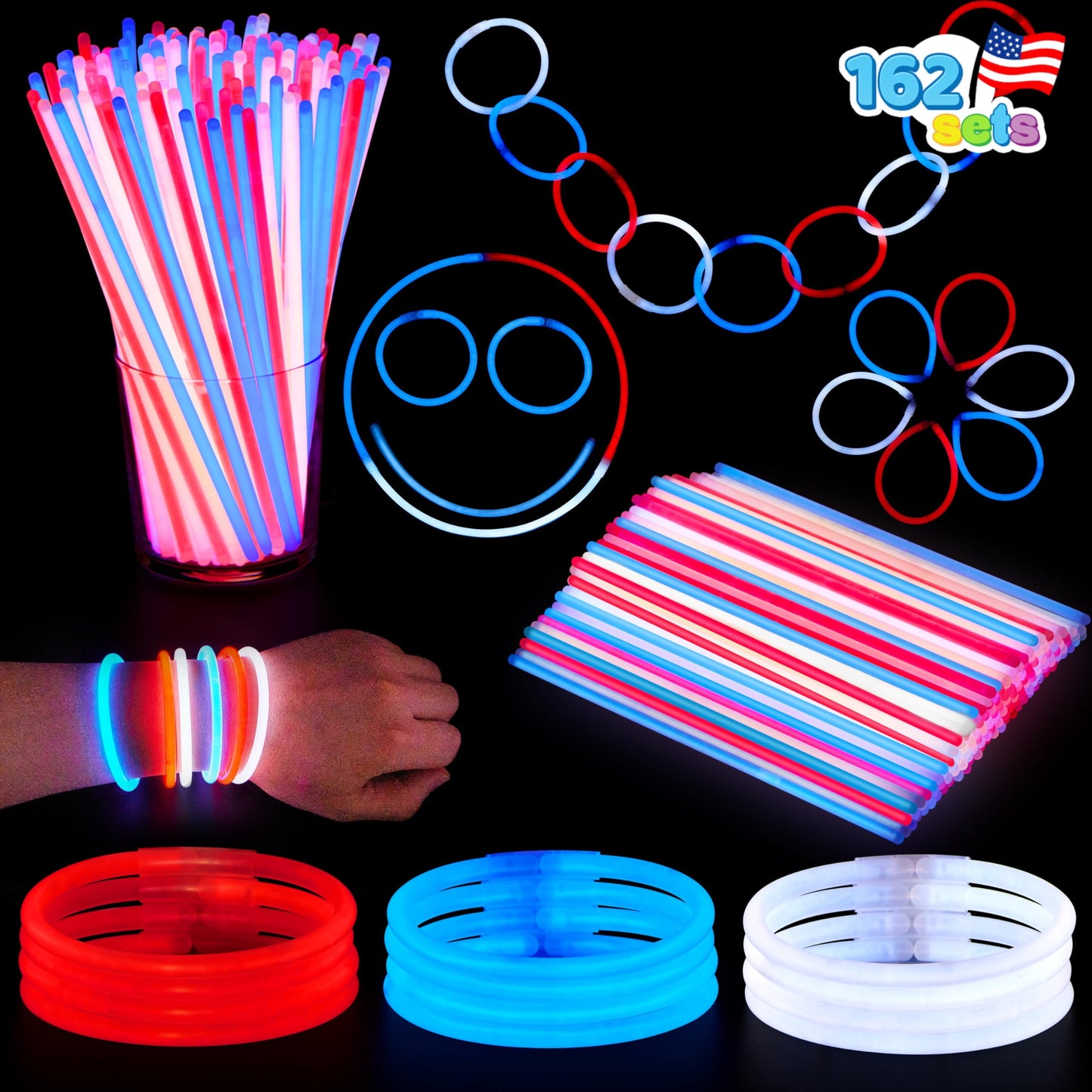 72 July 4th glow sticks with connectors, children's and adult red, white, and blue glow in the dark bracelets