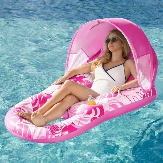 Pool Lounge Float with Canopy for Adult, Inflatable Pool Floats Lounger Raft Floaties Water Floating Recliner Chair with Cup Holders Foot Rest Swimming Pool Floaty