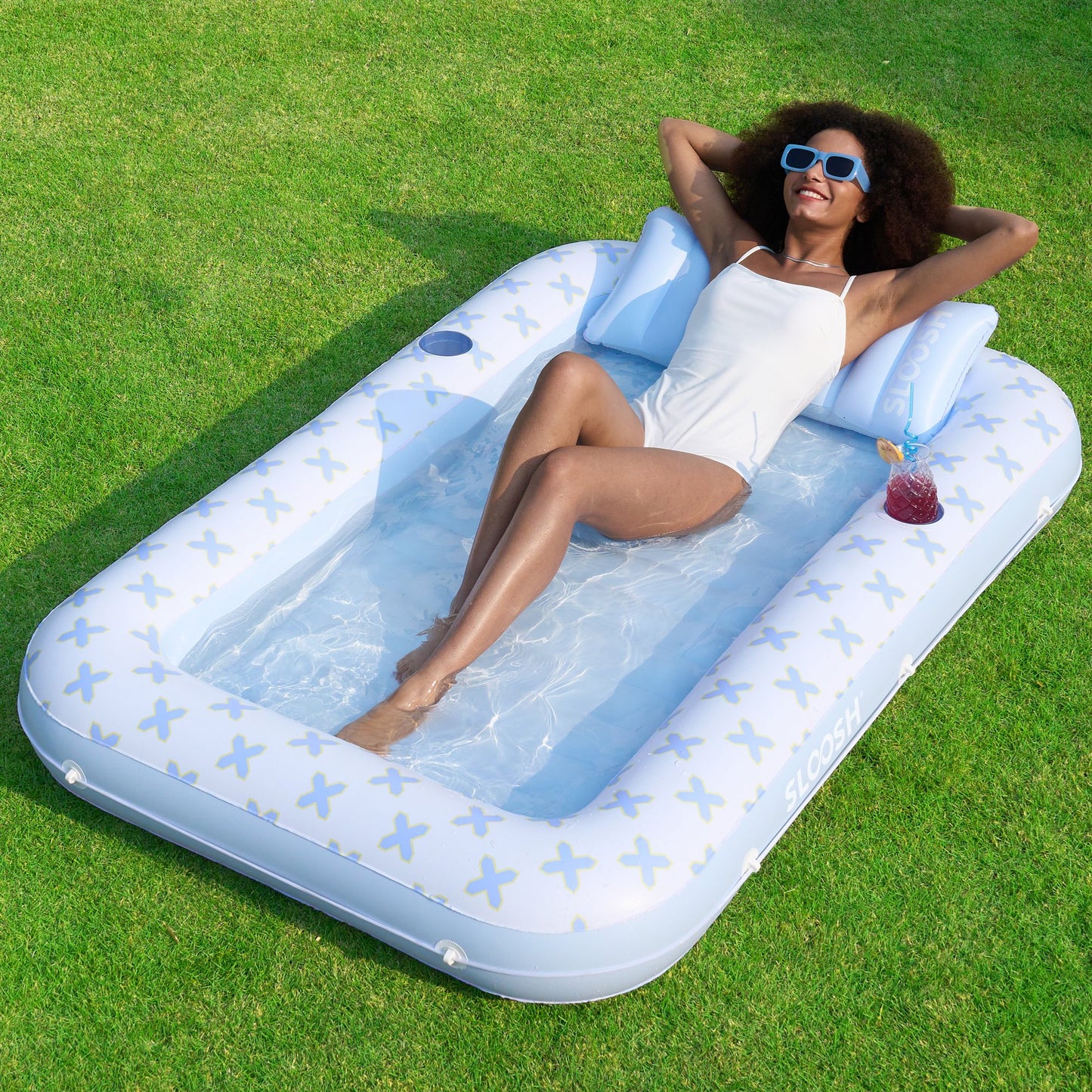Inflatable Tanning Pool Lounger Float, 70" x 46" Large Suntan Sun Tan Tub for Adults & Kids, Tanning Chair, Bed Blow up, Raft Lounge Floatie Blue Breezestar