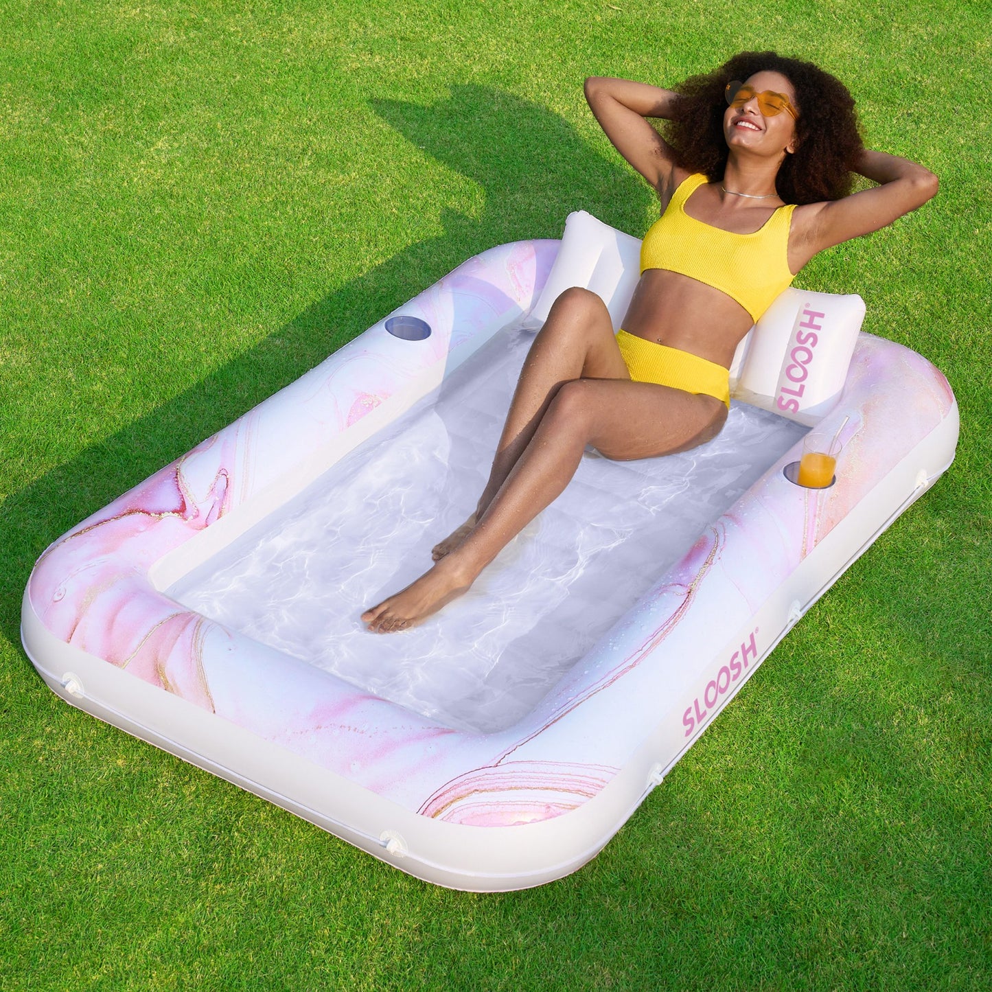 Inflatable Tanning Pool Lounger Float, 70" x 46" Large Suntan Sun Tan Tub for Adults & Kids, Tanning Chair, Bed Blow up, Raft Lounge Floatie Pink Marble
