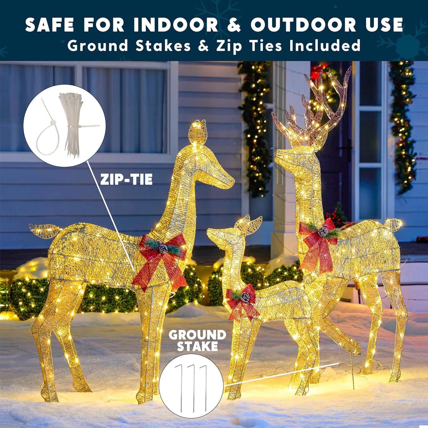 Joyfy 3 Pack Reindeer Christmas Outdoor Yard Light Decorations,360 LED Lights Deer Family for Christmas Outside Lawn Decor,Glod