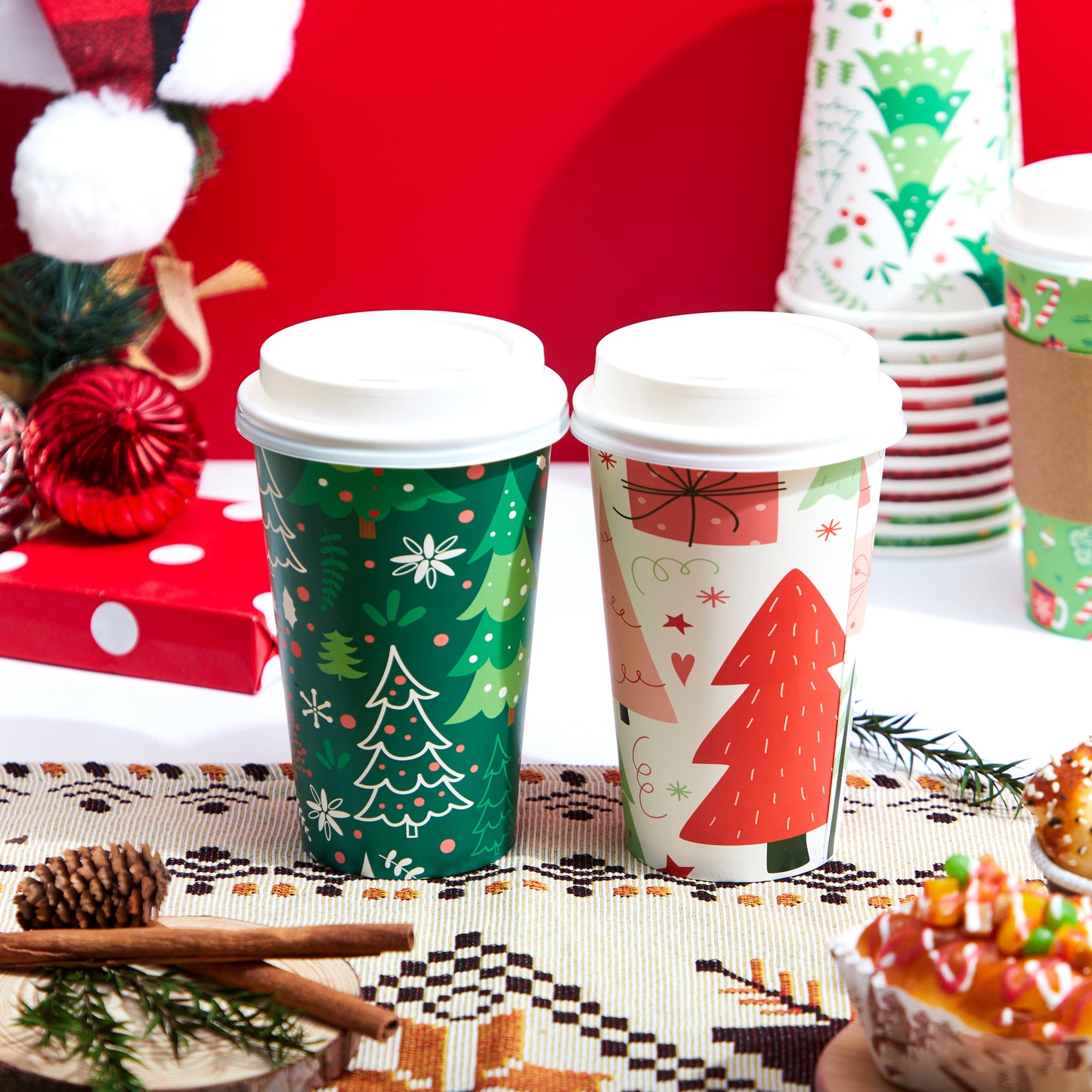 Joyfy 24 Pcs Christmas Disposable Paper Cups, 16 oz Xmas Dinnerware Cups With Cup Sleeves and Lids, 8 Designs Hot/Cold Beverages Tableware for Holiday Party Supplies