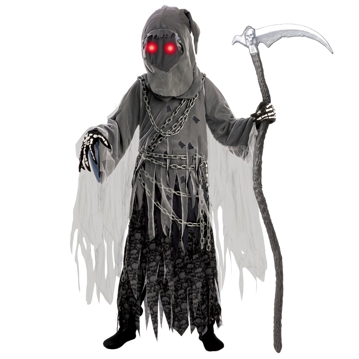 Syncfun Glowing Eyes Grim Reaper Costume for Kids, Dark Knight Reaper Phantom Costume for Halloween Dress Up Role Playing Cosplay 5-12 Years