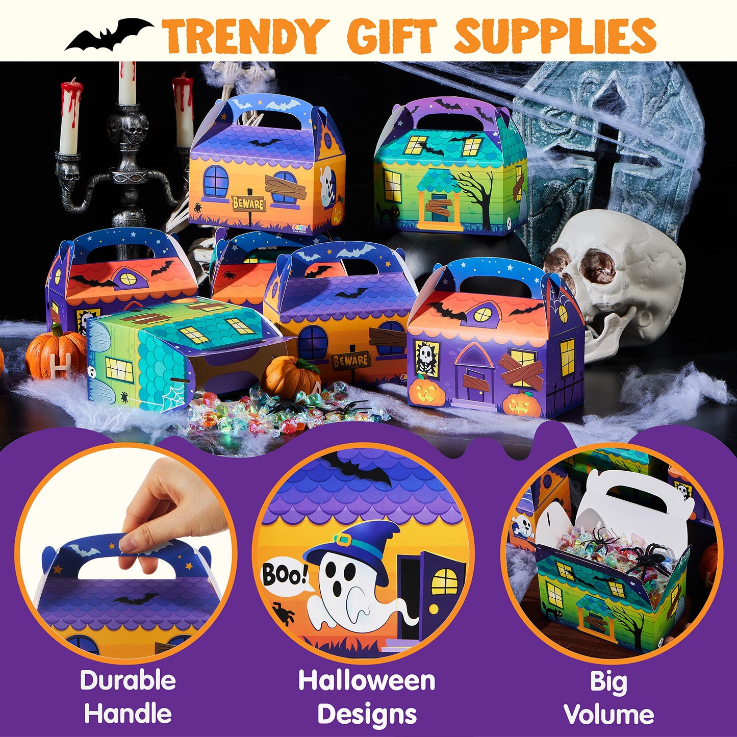 Joyfy 24 Pcs Halloween Treat Boxes,Cardboard Paper Halloween Candy Boxes with Carry Handles,Halloween Candy Boxes Party Favors,Cookies Goodie Bags