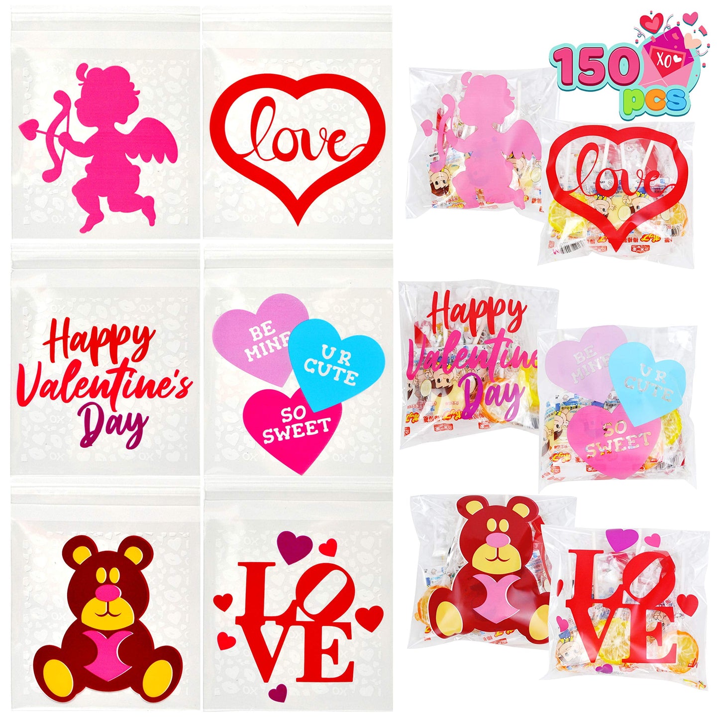 150 Pcs Valentine Cellophane Gift Bags Square Cellophane Candy Bags Valentine Goodies Bags in 6 Designs for Kids Valentine's Day Party Favor Supplies