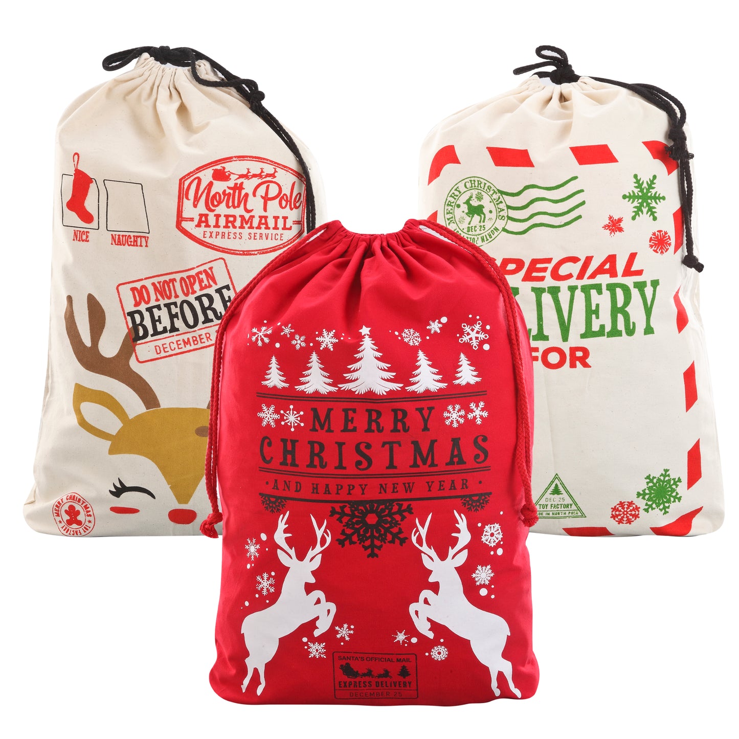 Joyfy 3 Pcs Santa Burlap Sack Christmas Canvas Gift Bags with Drawstring 26" x 19" for Large Xmas Package Storage, Event Party Supplies, Christmas Party Favors
