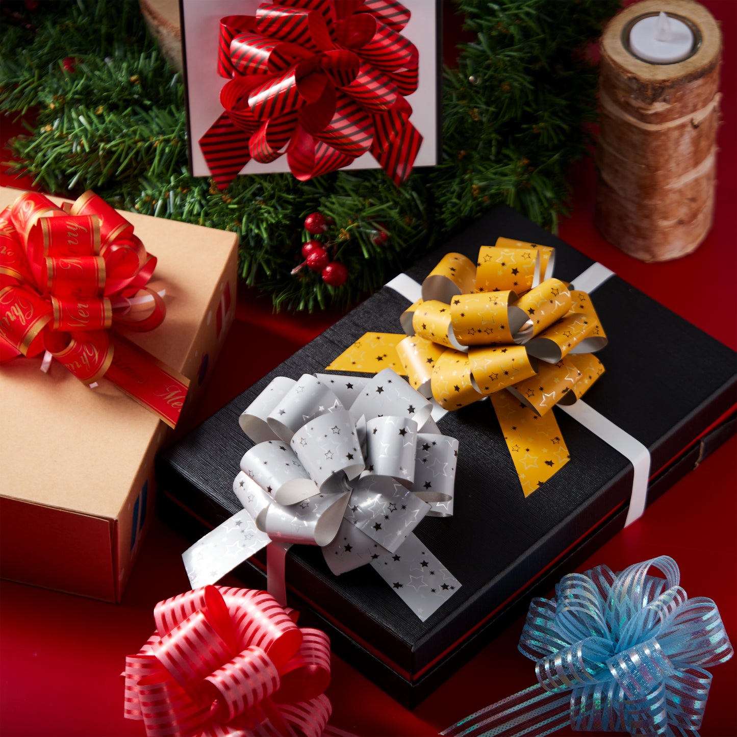 Joyfy 48 Pcs Christmas Pull Bows with Ribbon 4.7” Wide Gift Wrapping Accessory for Presents, Bows, Baskets, Wine Bottles Decoration, Gift Wrapping and Decoration Present