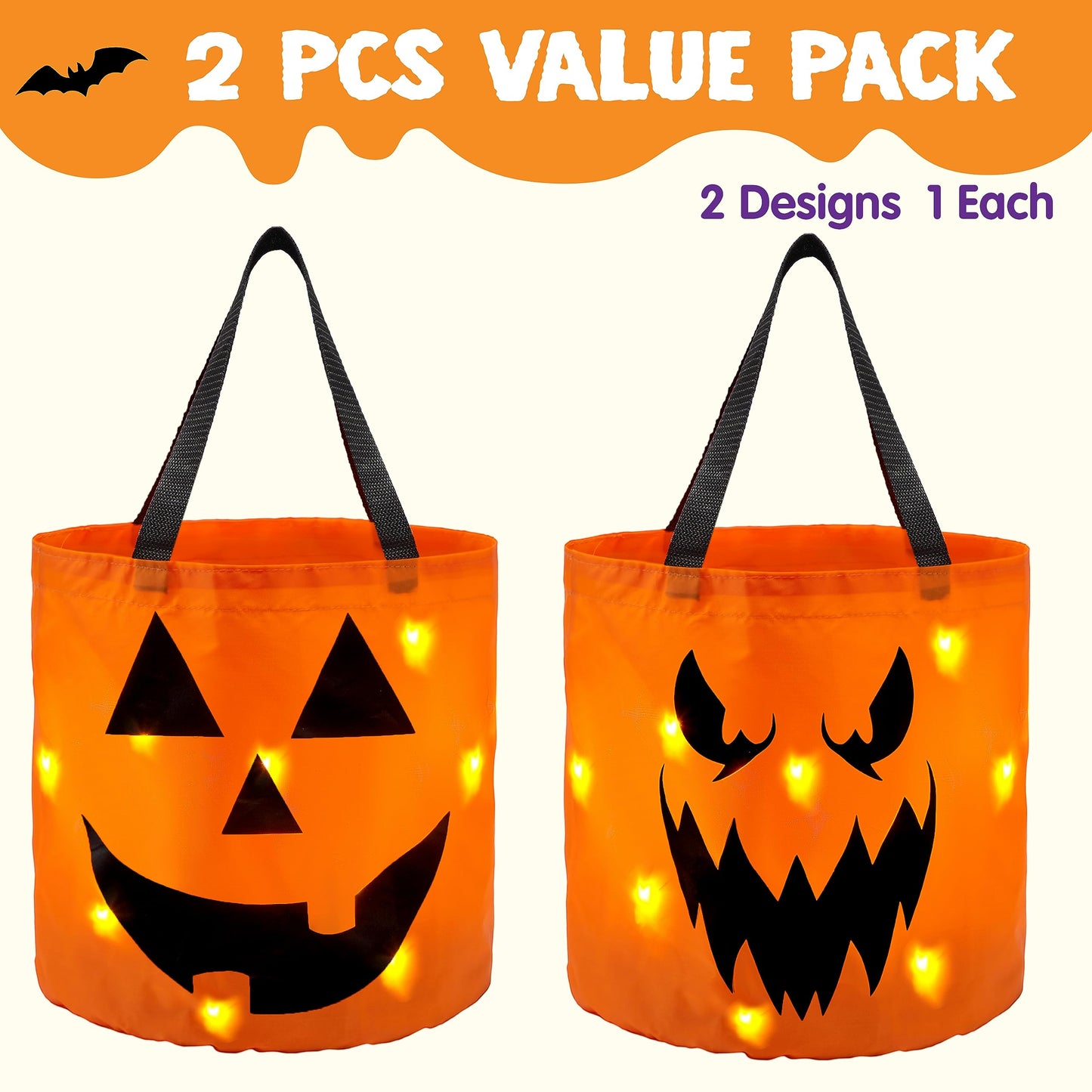 Joyfy 2 Pcs Halloween Candy Bag,LED Light Pumpkin Candy Buckets for Kids,Halloween Trick or Treat Bucket with Pumpkin Smile Face for Halloween Party Favors Goodie Bags