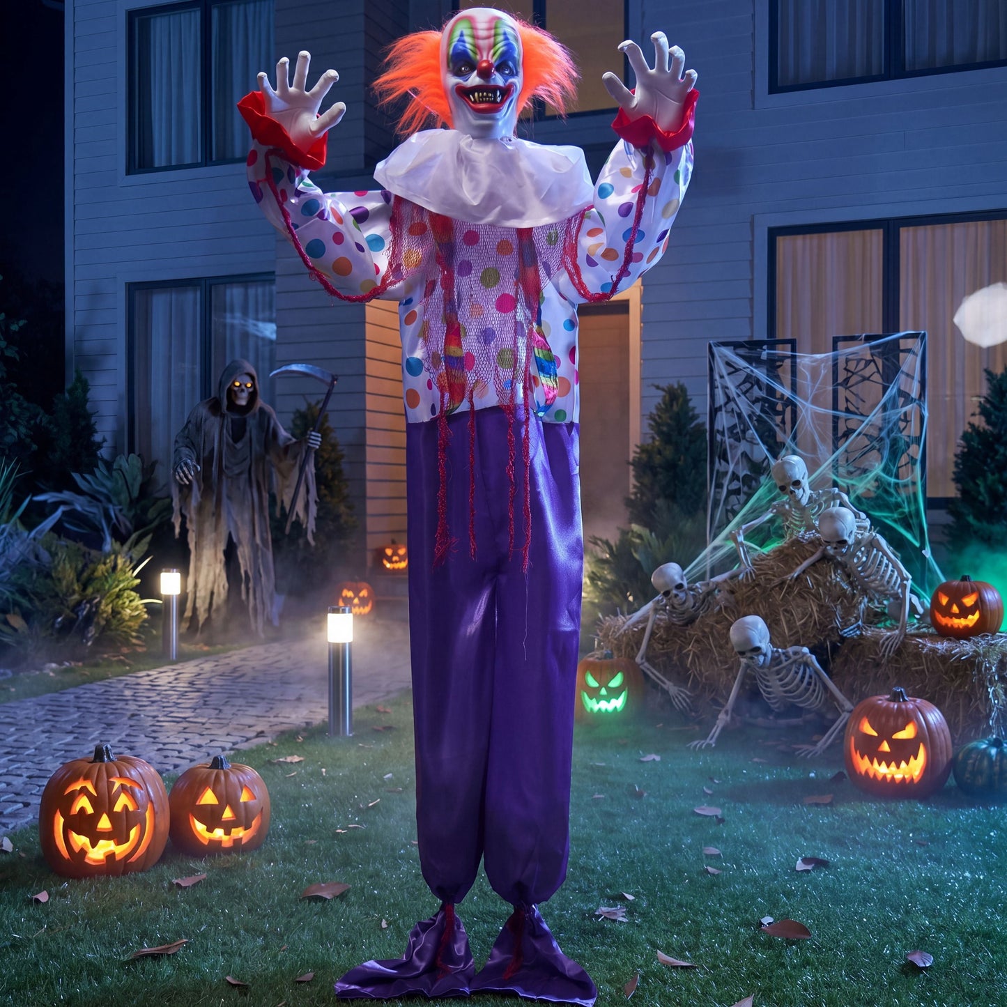 Joyfy 65  Halloween Hanging Clown Decoration Outdoor, Neon Face LED Talking with Light up Eyes and Creepy Sound Haunted House Decor, for Lawn, Yard, Patio