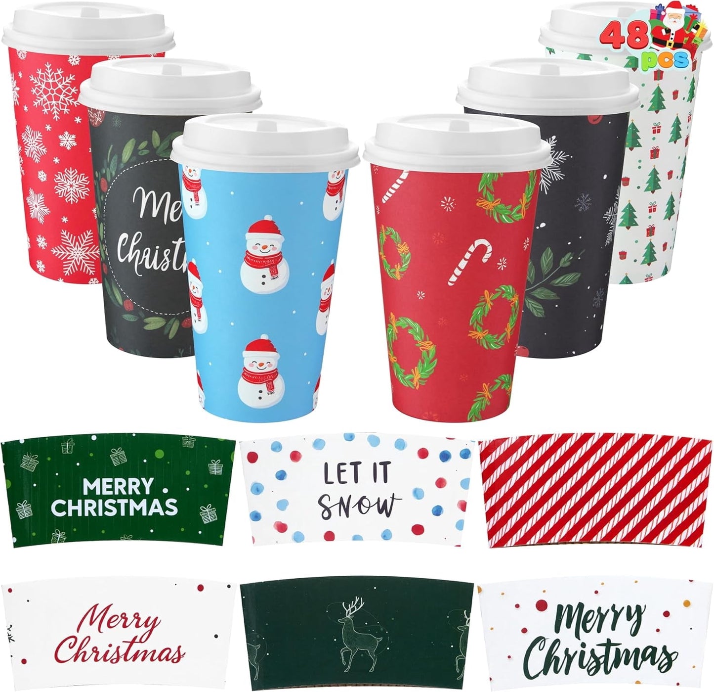 Joyfy 48 Pcs Christmas Paper Cup with Holiday Design, 16 oz Xmas Disposable Dinnerware Cups Party Supplies for Hot and Cold Beverages, Coffee Cups