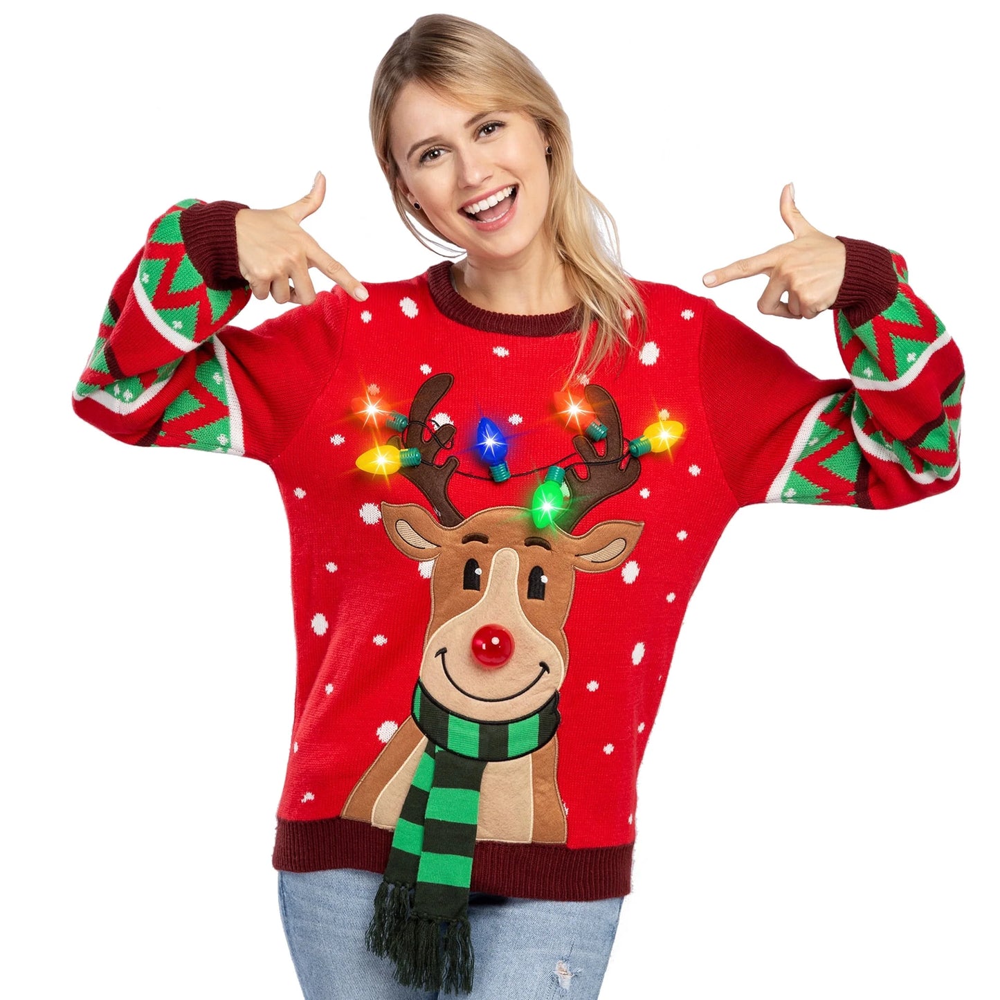 Joyfy Women LED Light Up Christmas Sweater, Reindeer Christmas Ugly Sweater with Light Bulbs - Red