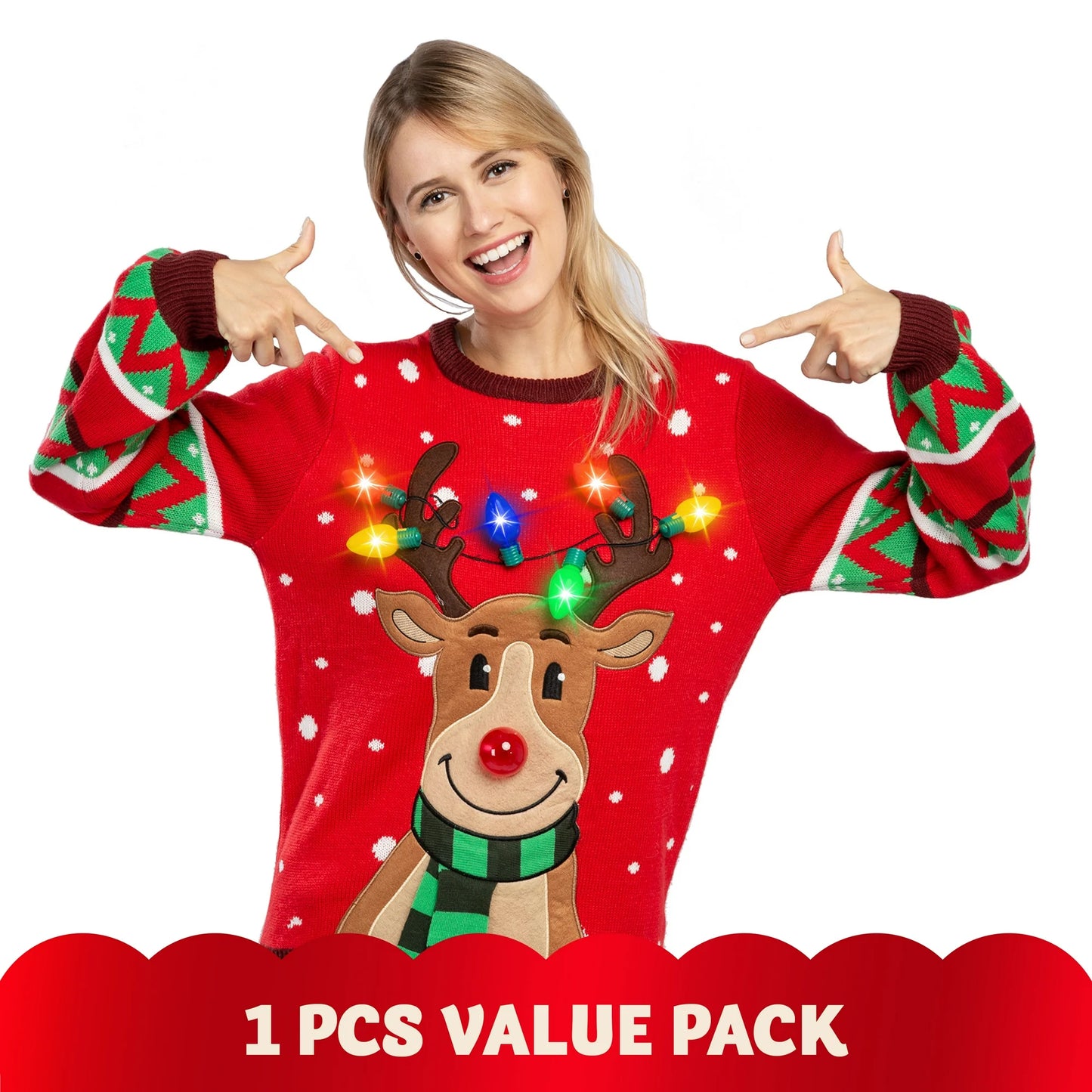 Joyfy Women LED Light Up Christmas Sweater, Reindeer Christmas Ugly Sweater with Light Bulbs - Red